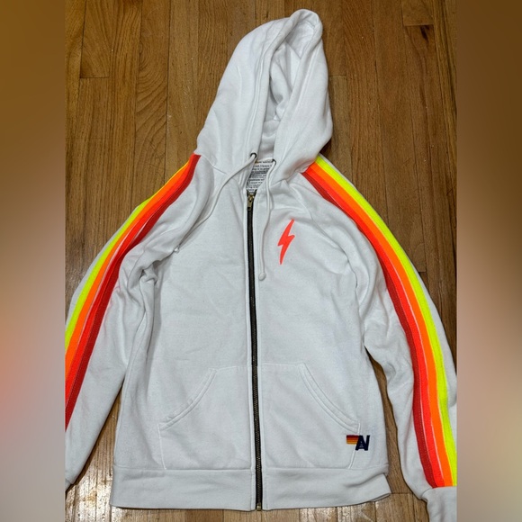 AVIATOR NATION WHITE ZIP UP NEON BOLT NEON STRIPES HOODIE - Picture 14 of 16